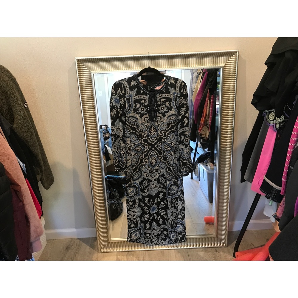 NWOT Calypso St Barth Blue Paisley 100% Silk Beaded Sequin Shift Dress Womens